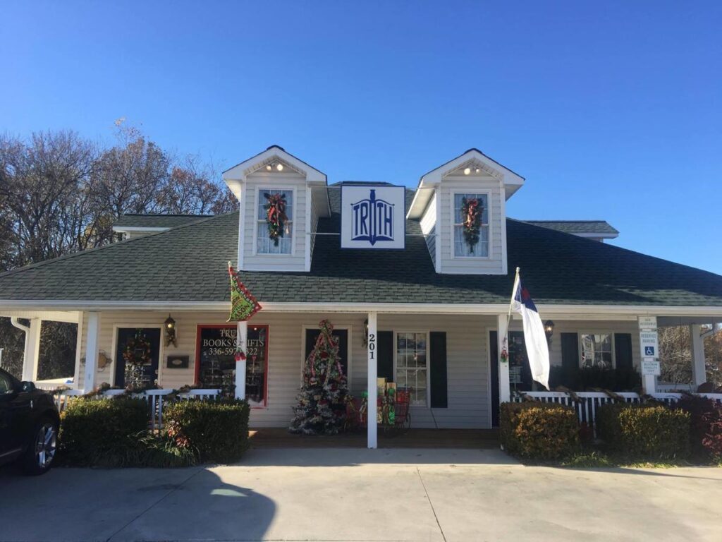 The house-like exterior of a books and gift shop